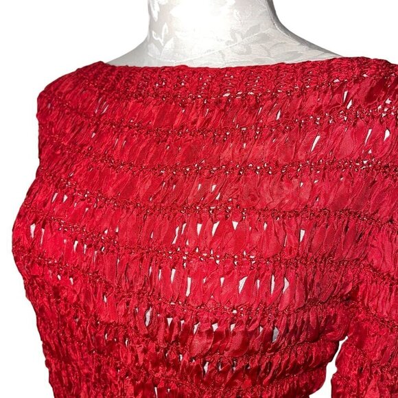 Vintage Womens Top Size Small Red Woven Ribbon Knit Stretch Boat Neck - Picture 2 of 8